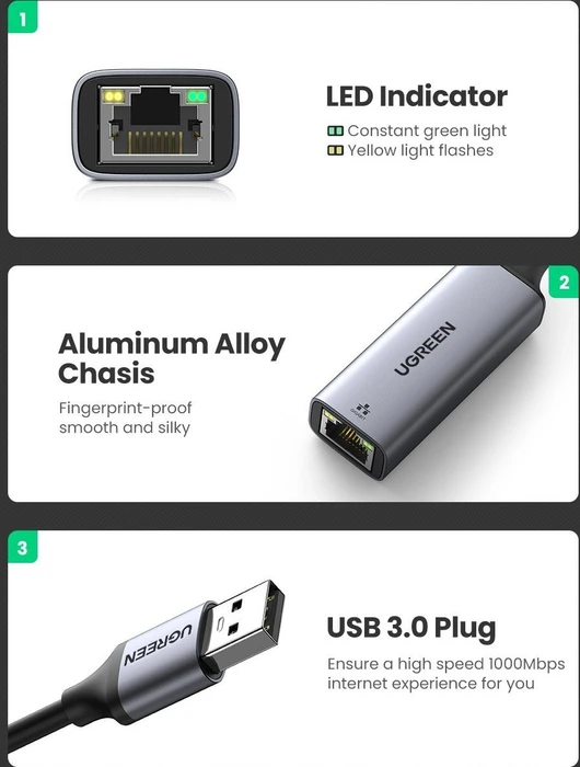 Ugreen Gigabit Ethernet Network Adapter LAN-Adapter, USB-A 3.0 [Stecker]
