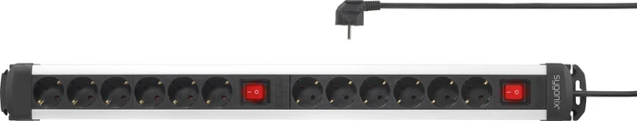 Sygonix Steckdosenleiste mit 2x Schalter, 12-fach, 1.4m, schwarz/silber