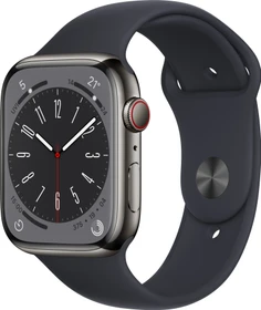 Apple Watch Series 8 (GPS + Cellular) 45mm Edelstahl graphit mit Sportarmband Mitternacht