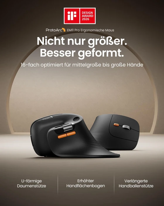 ProtoArc EM11 Pro, Vertikale Maus, schwarz, Rechtshänder, USB/Bluetooth