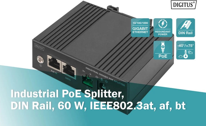 Digitus Industrial Railmount Gigabit PoE-Splitter, 2x RJ-45, PoE++ PD