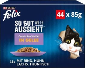 Purina Felix So gut wie es aussieht Gemischte Vielfalt in Gelee, Multi Pack mit Rind, Huhn, Thunfisch und Lachs, 3.74kg (44x 85g)