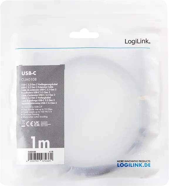 LogiLink USB-C Verlängerung, USB 3.1, 10Gb/s, USB-C 3.1 [Stecker] auf USB-C 3.1 [Buchse], Verlängerungskabel C/C, 1m, schwarz