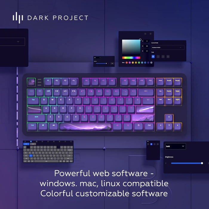 Dark Project ALU87B Celestial Gaming Keyboard, violett, LEDs RGB, g3ms Voidstone Silent, USB, US
