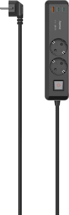 Hama Steckdosenleiste mit Schalter, 2-fach, 1x USB-A/2x USB-C 65W USB-PD, 1.4m, schwarz/grau