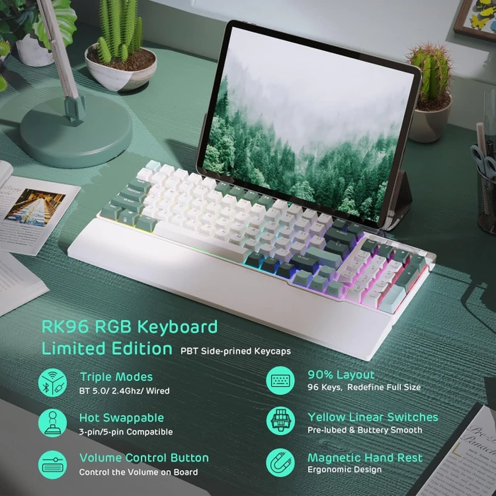 RK Royal Kludge RK96 96% Wireless, Camp Green Limited Edition, LEDs RGB, hot-swap, RK YELLOW, USB/Bluetooth, US