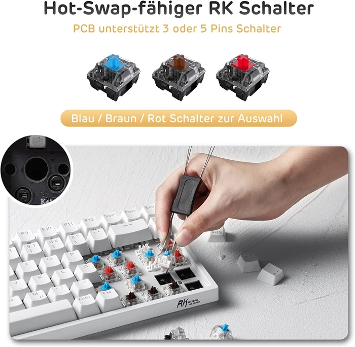 RK Royal Kludge RK84 75% Wireless, weiß, LEDs RGB, hot-swap, RK BROWN, USB/Bluetooth, DE