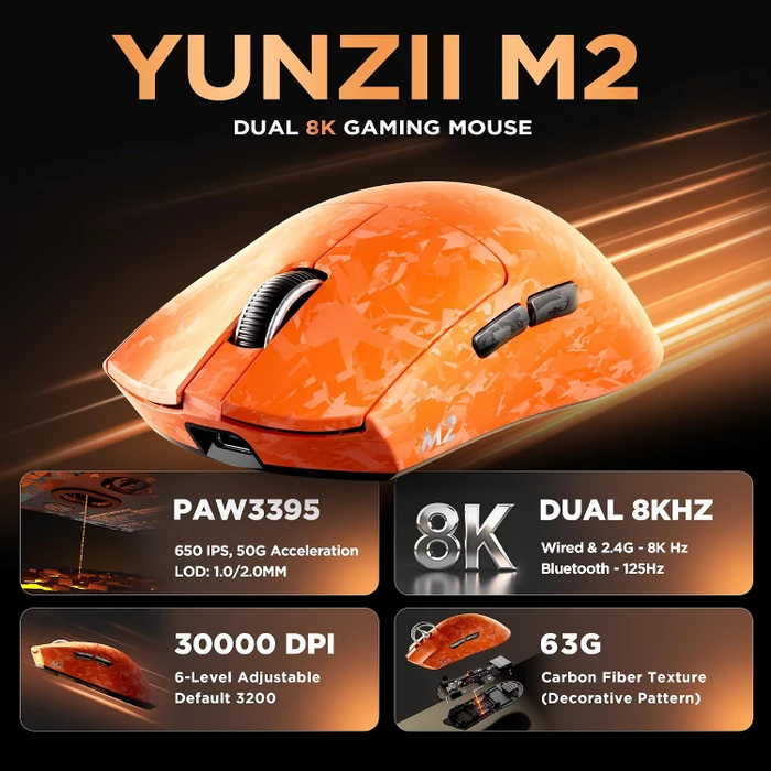 Yunzii M2 Dual 8K Custom Wireless Gaming Maus, orange, USB/Bluetooth