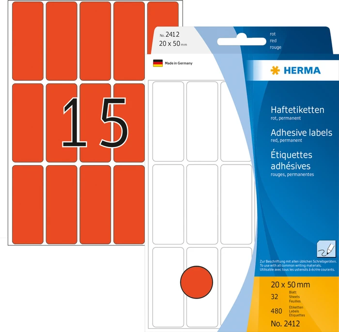 Herma Vielzwecketiketten, 20x50mm, rot, 32 Blatt (480 Etiketten)