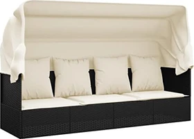 vidaXL Polyrattan Outdoor-Loungecouch mit Dach & Kissen schwarz/cremeweiß