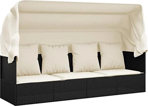 vidaXL Polyrattan Outdoor-Loungecouch mit Dach & Kissen schwarz/cremeweiß