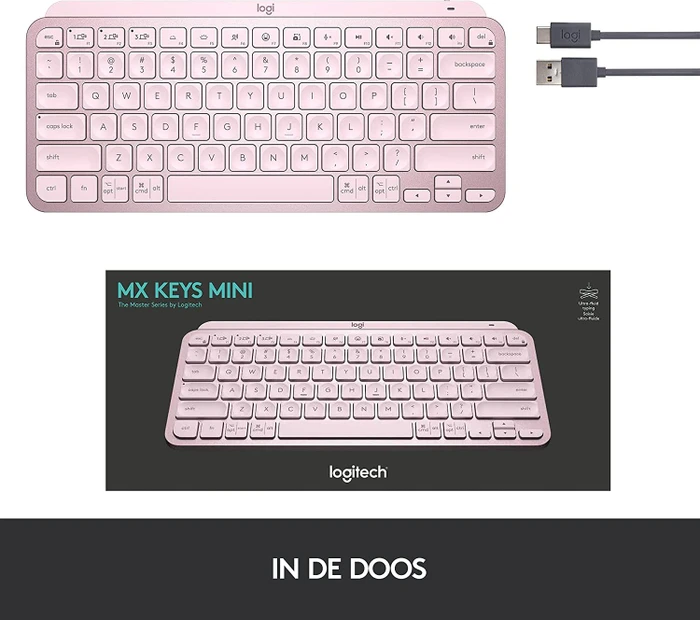 Logitech MX Keys Mini, rosa, LEDs weiß, Logi Bolt, Rose, USB/Bluetooth, US