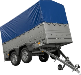 Unitrailer Garden Trailer 264/2 Kipp mit Stützrad, zusätzlichen Bordwänden, Spriegel und hoher blauer Plane