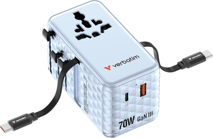 Verbatim Charge 'n' Travel GaN III Universal-Reiseadapter 70W blau