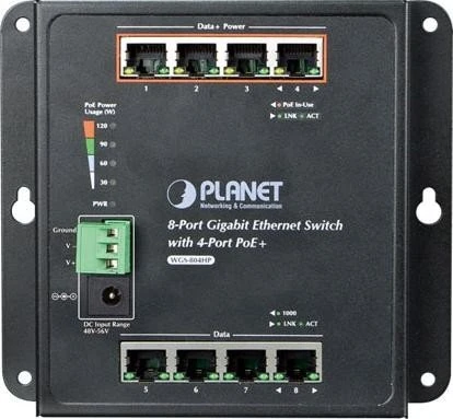 Planet WGS-800 Industrial Wallmount Gigabit Switch, 8x RJ-45, 120W PoE+