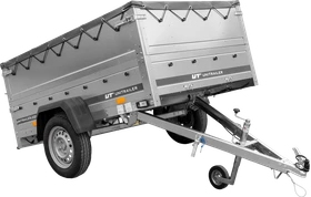 Unitrailer Garden Trailer 201 Kipp mit zusätzlichen Bordwänden, Stützrad und grauer Flachplane