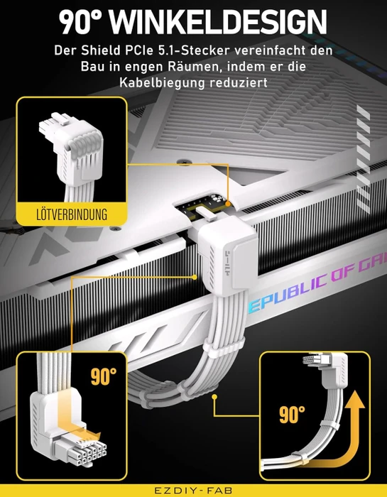 EZDIY-FAB 12V-2x6 Kabel, 16-Pin PCIe Verlängerungskabel, 1x 16-Pin PCIe 5.1 Buchse auf 16-Pin PCIe 5.1 Stecker, Variante Standard, Sense-Pins an der Unterseite, 16AWG, weiß, 90° gewinkelt