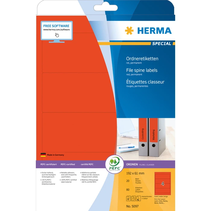 Herma Ordneretiketten, 192x61mm, rot, 20 Blatt (80 Etiketten)