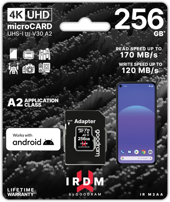 goodram M2AA IRDM MICROCARD R170/W120 256GB Kit, UHS-I U3, A2, Class 10