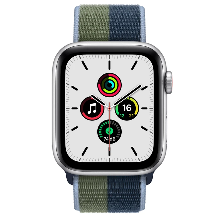 Apple Watch SE (GPS + Cellular) 44mm silber mit Sport Loop abyssblau/moosgrün
