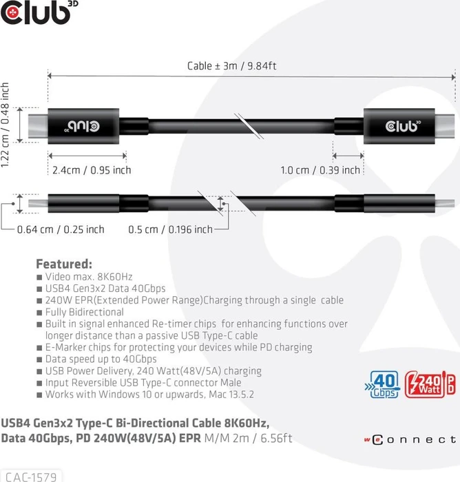 Club 3D USB4 Kabel, 40Gb/s, 240W PD EPR, USB-C Stecker auf USB-C Stecker, 3m, schwarz