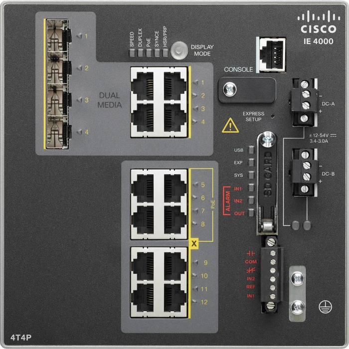 Cisco IE 4000 LAN Base Industrial Railmount Managed Switch, 8x RJ-45, 4x RJ-45/SFP, 120W PoE+