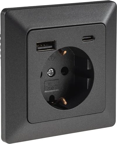 ChiliTec MILOS Schutzkontakt-Steckdose, anthrazit 230V~/ 16A, Unterputz, USB-A/C PD 3.0