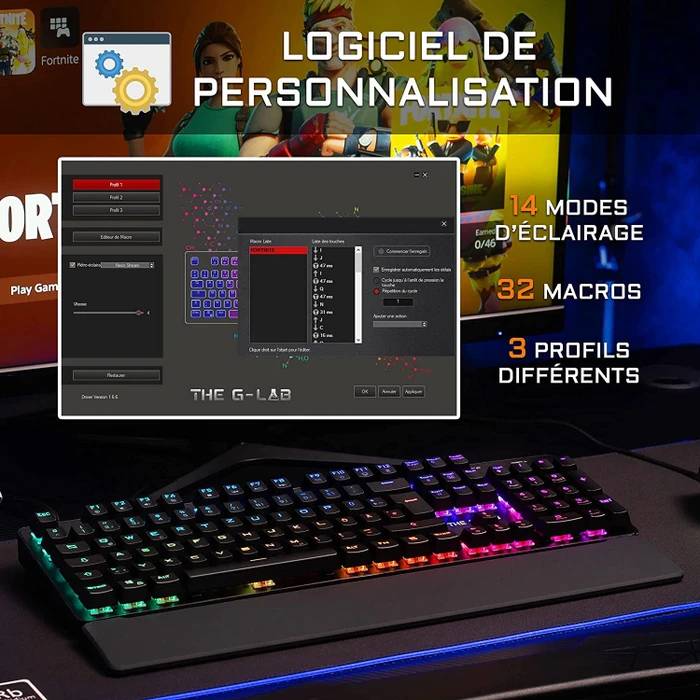 The G-Lab Keyz Rubidium E Gaming Tastatur, LEDs RGB, Outemu Red, USB, FR