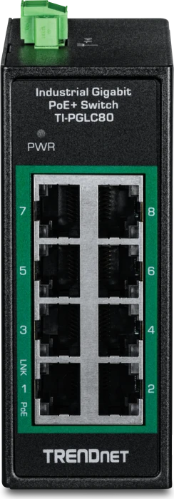 TRENDnet TI Hardened Industrial Railmount Gigabit Switch, 8x RJ-45, 200W PoE+