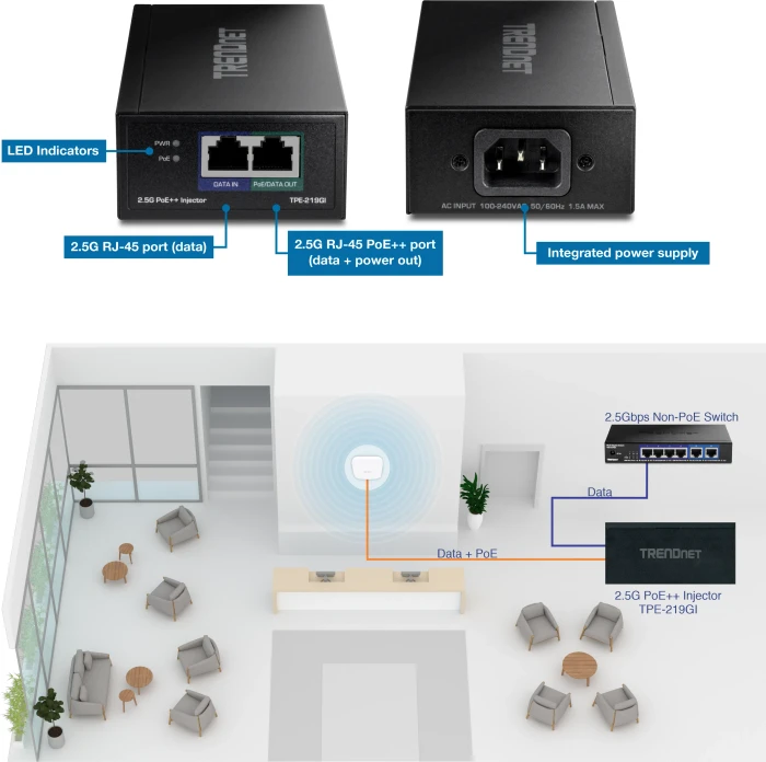 TRENDnet Desktop 2.5G PoE-Injektor, 2x RJ-45, 90W PoE++