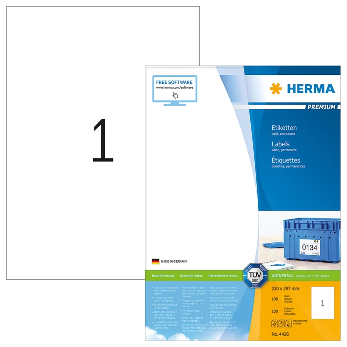 Herma Etiketten Premium, A4, weiß, matt, 100 Blatt (100 Etiketten) (4428)