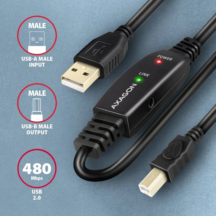 Axagon USB Adapterkabel, USB 2.0, 480Mb/s, USB-A 2.0 [Stecker] auf USB-B 2.0 [Stecker], aktiv, Adapterkabel, 20m
