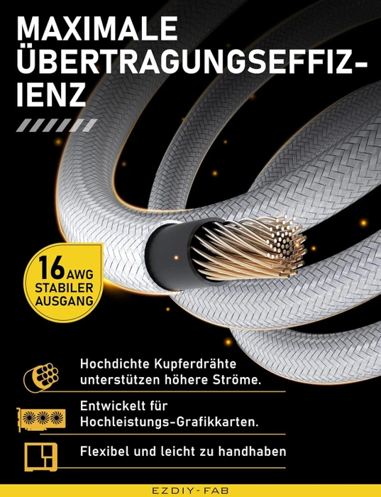 EZDIY-FAB 12V-2x6 Kabel, Shield, 16-Pin PCIe Verlängerungskabel, 1x 16-Pin PCIe 5.1 Buchse auf 16-Pin PCIe 5.1 Stecker, Variante Reverse, Sense-Pins an der Oberseite, 16AWG, weiß, 90° gewinkelt