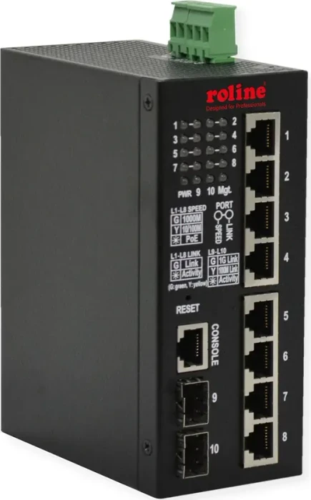Roline Industrial Railmount Gigabit Smart Switch, 8x RJ-45, 2x SFP, 240W PoE++