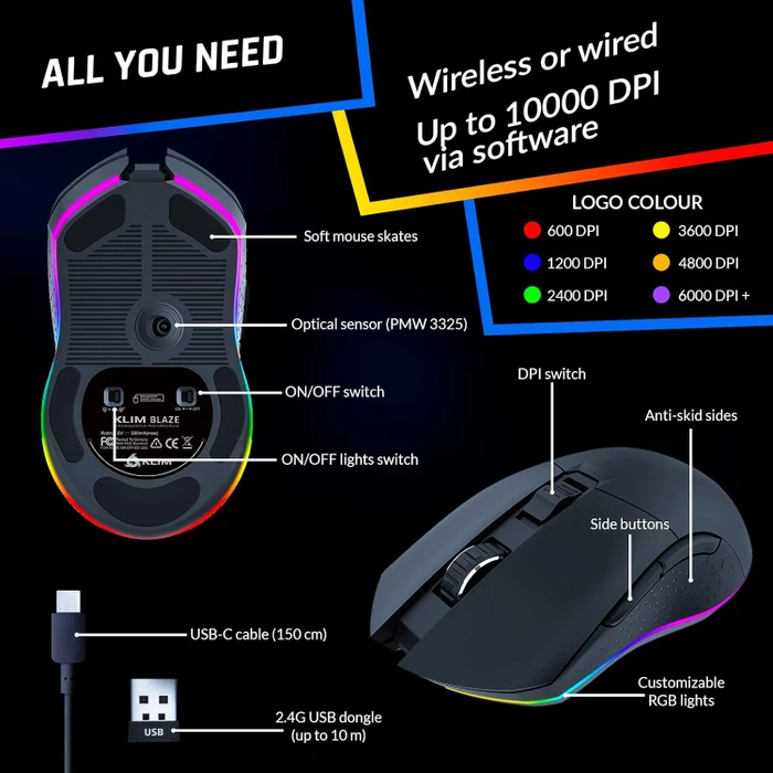 Klim Blaze Rechargeable Wireless Gaming Mouse schwarz, USB