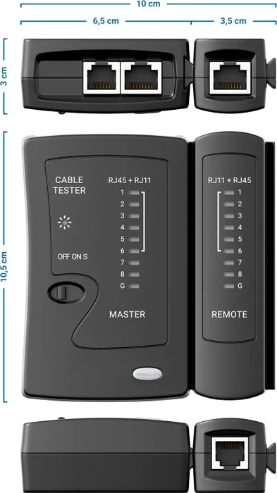 deleyCON Netzwerk-Kabeltester für RJ45/RJ12/RJ11, schwarz