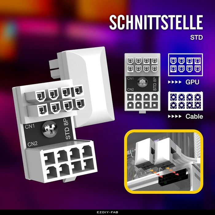 EZDIY-FAB 8-Pin PCIe Winkeladapter 180°, Variante STD, Lasche unten, weiß, 2er-Pack