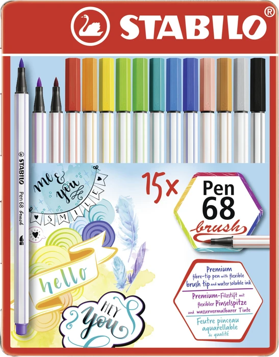 STABILO Pen 68 brush sortiert, 15er-Set, Metalletui