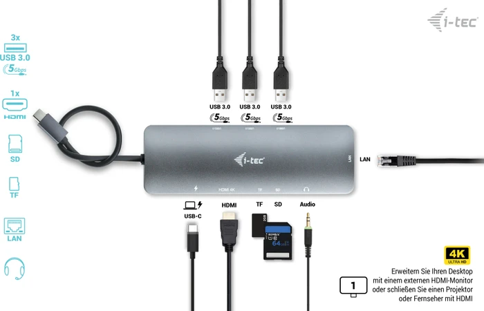 i-tec Metal Nano Dock, inkl. Netzteil, USB PD 100W, USB-C 3.0 [Stecker]