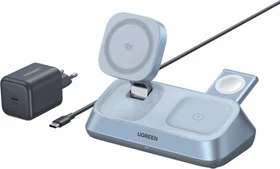 Ugreen MagFlow 3-in-1 Magnetic Wireless Desktop Charger (Qi2 25W, MagSafe-Compatible) blau/grau/silber