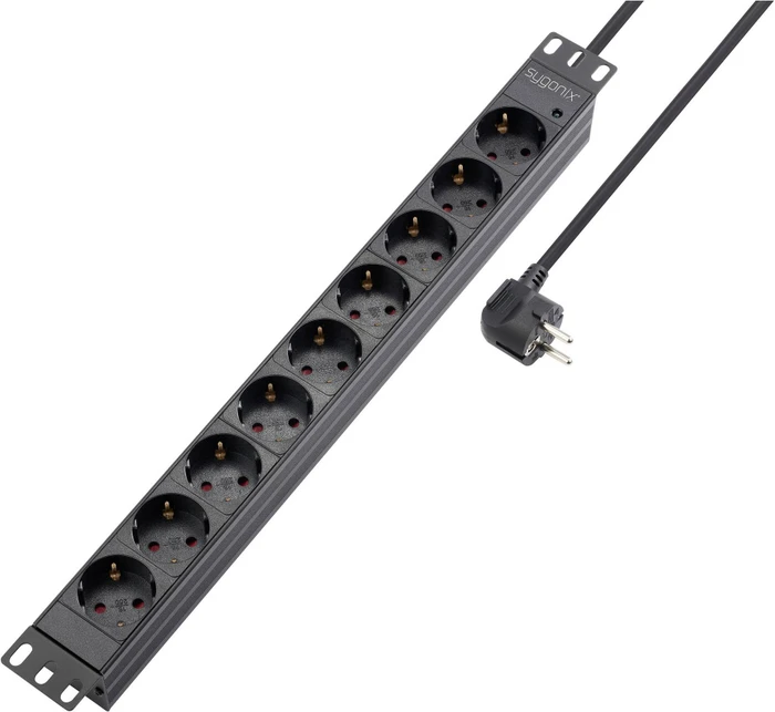 Sygonix 19" Aluminium Steckdosenleiste, 1HE, 9-fach, 250V, schwarz, 1.8m