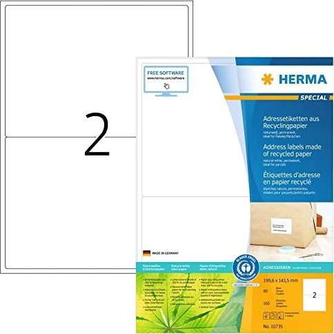 Herma Etiketten Recycling, 199.6x143.5mm, weiß, 80 Blatt (160 Etiketten)