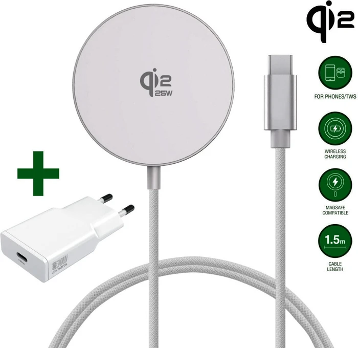 4smarts Qi2 25W / MagSafe Kabelloses Ladegerät-Set 1.5m weiß