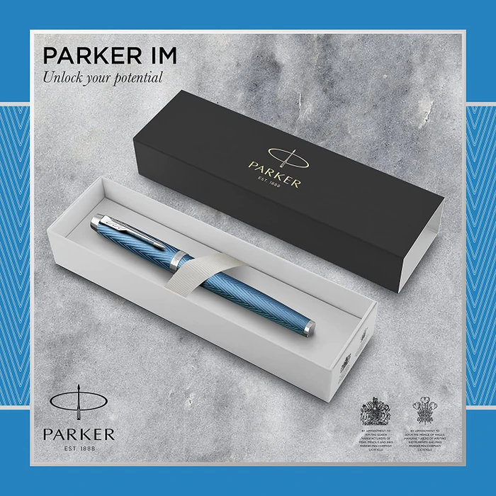 Parker IM Premium blue grey lacquer/chrome trim, rechte Hand, fein, Geschenkbox
