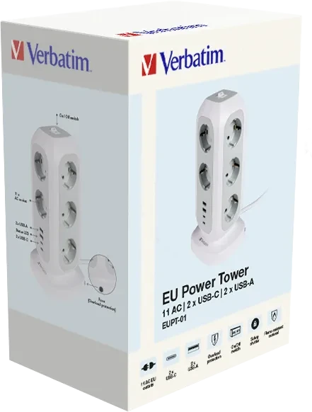 Verbatim EUPT-01 Steckdosenturm, 11-fach, 2x USB-C/2x USB-A, 2m, weiß