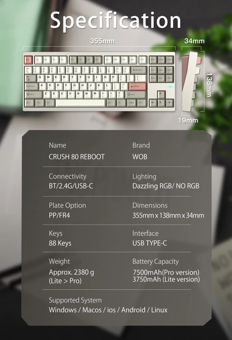 Wobkey Crush 80 Reboot Pro, Warm Silver, LEDs RGB, Kailh Cocoa, USB/Bluetooth, US