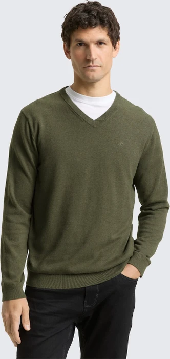 Tom Tailor Strickpullover mit V-Ausschnitt aus Baumwolle Strickpullover tea leaf melange (Herren)