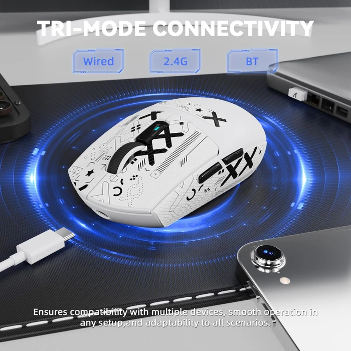 Attack Shark G3Pro Tri-mode Wireless Gaming Mouse mit Ladestation, White, inkl. Grip Tape, USB/Bluetooth