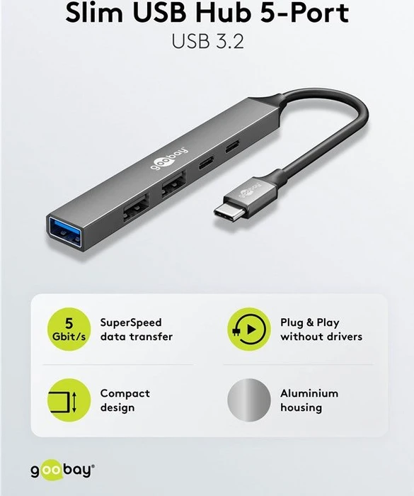 Wentronic goobay Slim 4-Port USB-Hub, 1x USB-A 3.0/2x USB-C 2.0/2x USB-A 2.0, USB-C 3.0 [Stecker]