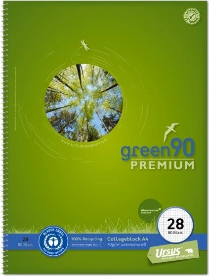 Ursus green90 Premium Collegeblock, A4, Lineatur 28, grün, 80 Blatt